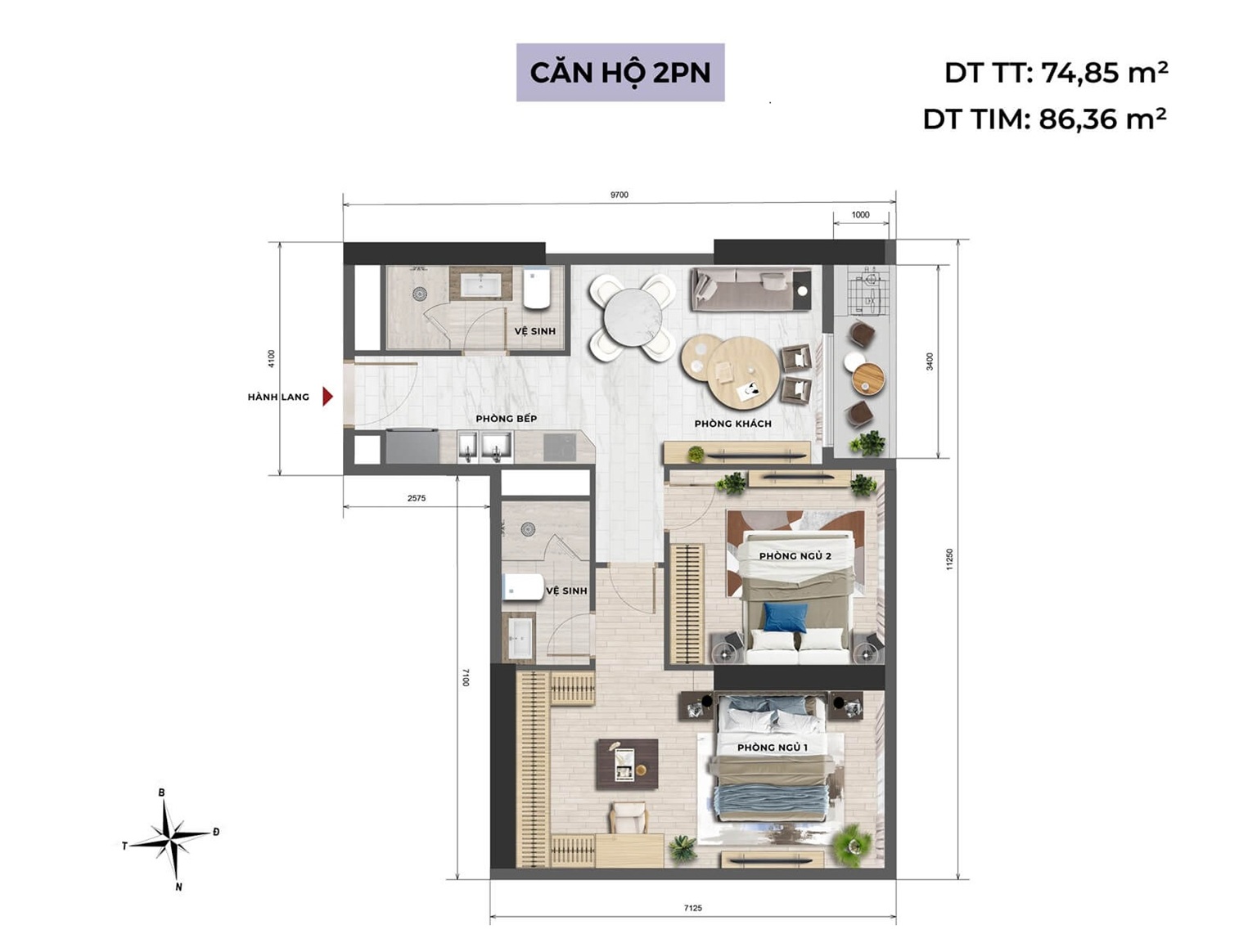 căn hộ 2 phòng ngủ Noble Westlake Ciputra